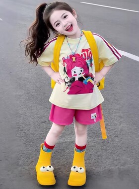 女童短袖T恤套装夏季2026新款儿童卡通上衣韩版女孩五分裤两件套