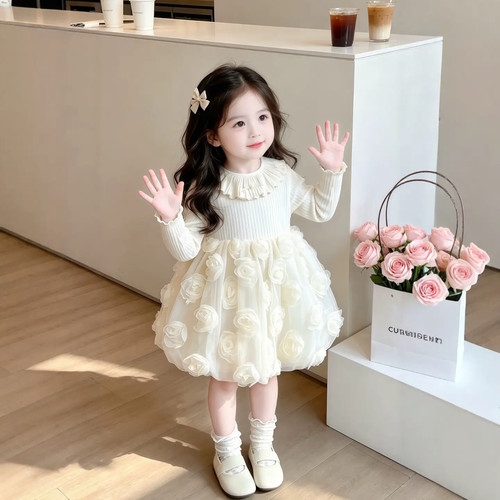 女童花朵连衣裙2026秋季新款儿童荷叶领公主裙宝宝好看生日礼服裙