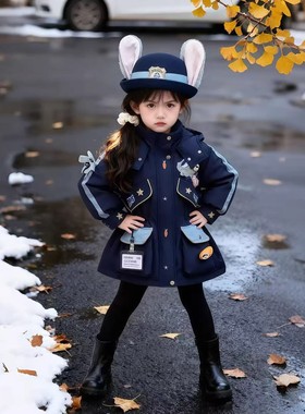 女童冬装派克羽绒服2025秋冬季新款儿童卡通绣花朱迪连帽加厚外套