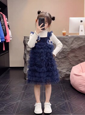 女童兔子警官纱裙蛋糕裙套装2026春季新款纯色木耳领上衣两件套