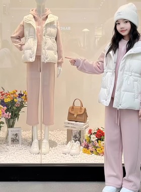 女童秋冬加绒加厚马甲套装2025秋冬季新款儿童纯色卫衣卫裤马甲潮