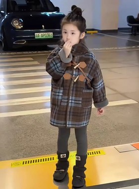 女童秋冬款呢子大衣2025秋冬季新款儿童牛角扣保暖加绒连帽外套潮