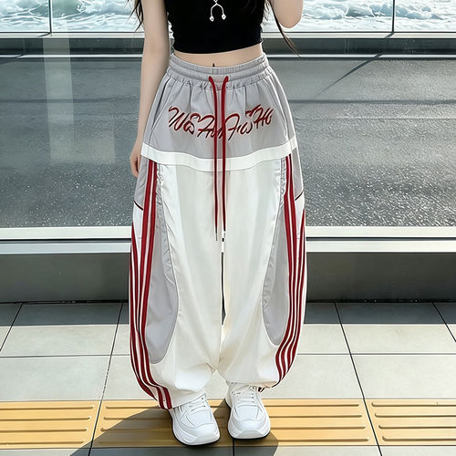 女童撞色拼接弯刀裤夏季2026新款儿童宽松阔腿女孩刺绣防蚊裤洋气