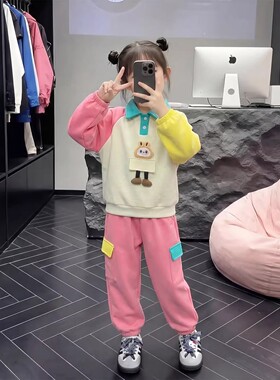 女童春装卡通拉布布套装2026春季新款儿童拼色翻领上衣宽松休闲裤
