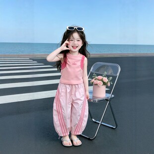女童裤子2026夏季新款儿童束脚薄款休闲裤宝宝时尚粉色斜杠运动裤