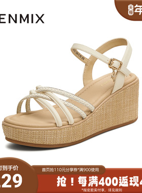 天美意2025夏新款商场同款交叉条带坡跟女一字带凉鞋COO10BL5