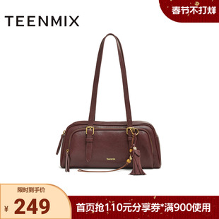 天美意2025冬新款商场同款手提包纯色百搭复古女单肩包X3209DX5