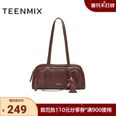 天美意2025冬新款商场同款手提包纯色百搭复古女单肩包X3209DX5