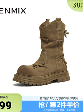 天美意2025冬新款西部靴蝴蝶结堆堆靴厚底复古女骑士靴KXZ10DS5