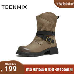 天美意冬新款 休闲一脚蹬复古百搭褶皱y2k女西部靴KQZ01DZ4