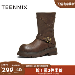 天美意2025冬新款 圆头粗跟复古长靴女骑士靴BM352DZ5 商场同款