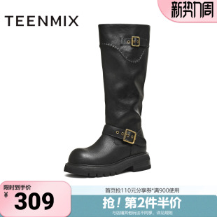 天美意冬新款 高直筒显瘦百搭厚底女骑士靴BM351DG5 商场同款