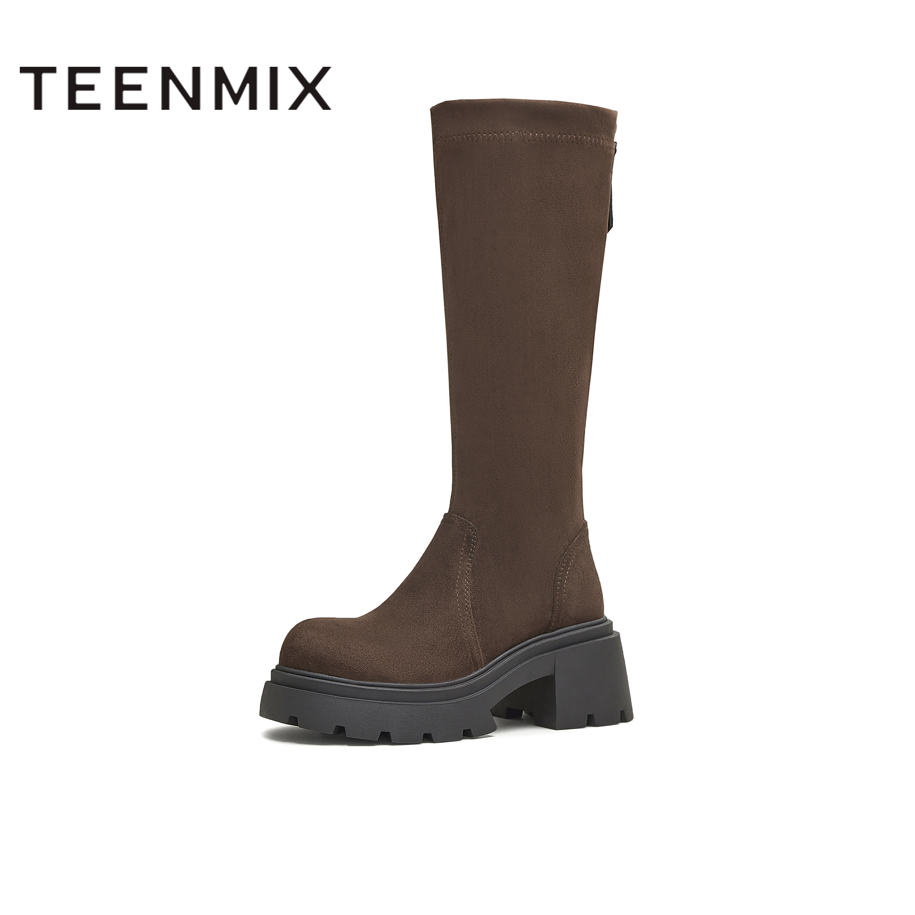 天美意2025冬新款休闲百搭纯色厚底长筒靴袜靴女弹力靴KTX17DG5