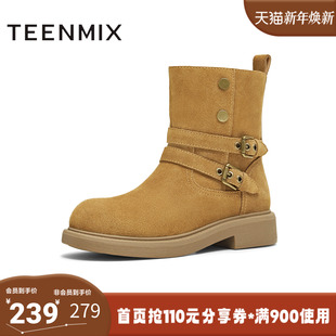 天美意2025冬新款 厚底复古百搭短筒靴女西部靴BL771DZ5 商场同款