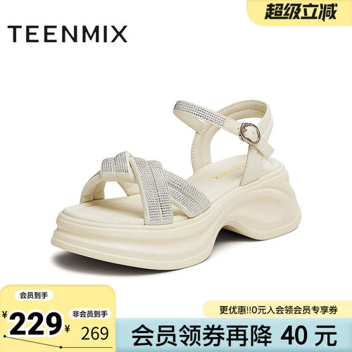 天美意夏季新款商场同款时尚水钻厚底女一字带凉鞋BK941BL5