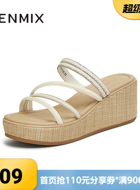 天美意夏季新款商场同款条带坡跟增高百搭女一字拖鞋COO12BT5