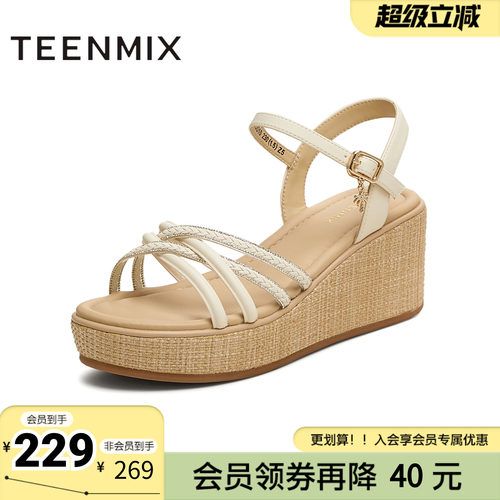 天美意夏季新款商场同款交叉条带坡跟女一字带凉鞋COO10BL5