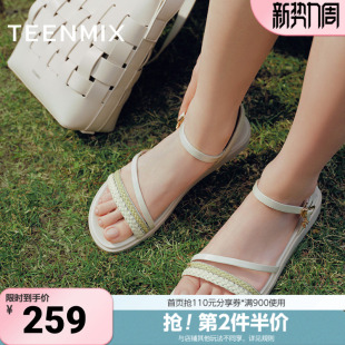 休闲编织百搭舒适女一字带凉鞋 商场同款 CC873BL5 新款 天美意夏季