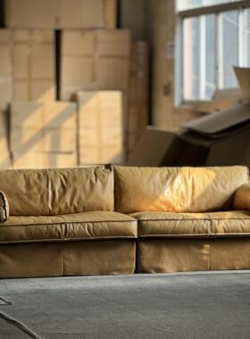 Classic Reborn羽绒真皮沙发复古三人直排小户型客厅苯胺皮艺中古