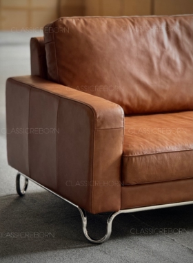 北欧中古复古风油蜡真皮头层牛皮三人位小户型羽绒不锈钢脚棕沙发