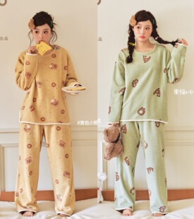 小熊爱家懒人装 9920 家居服双面绒珊瑚绒厚睡衣女秋冬卡通印花套装