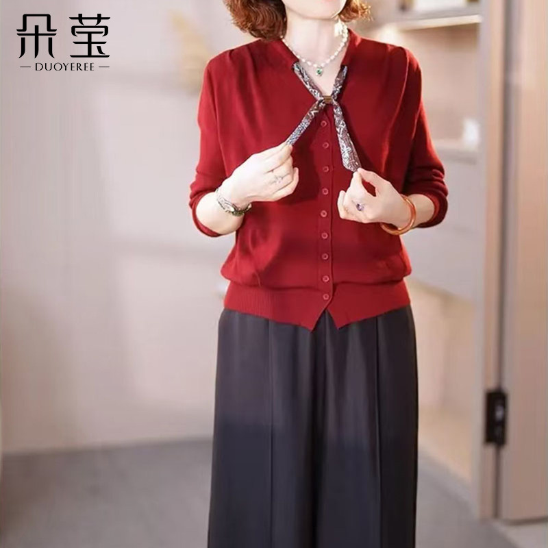 妈妈秋冬季洋气系带针织打底小衫