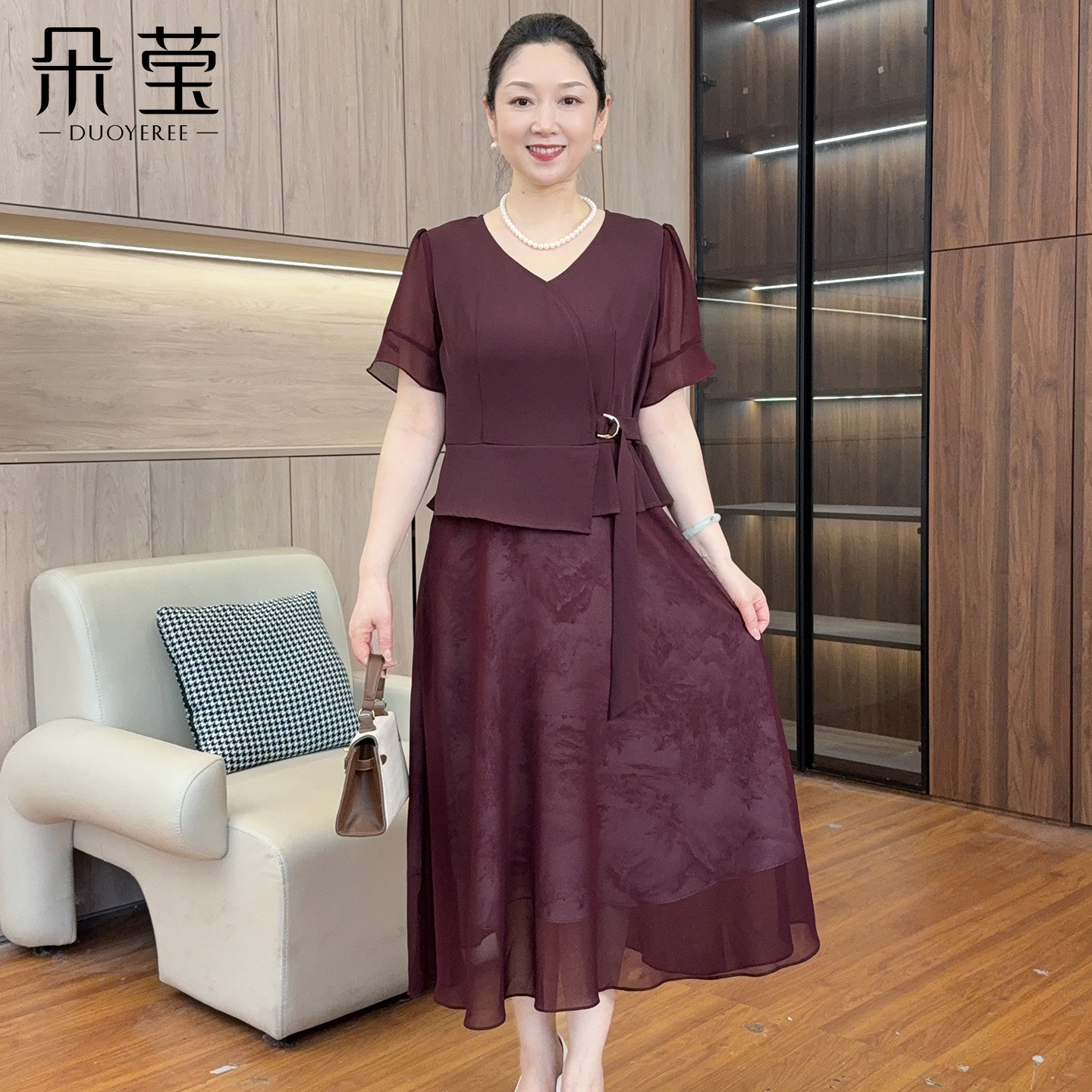 朵莹新款妈妈夏装国风连衣裙中年女装中老年洋气高档气质短袖裙子