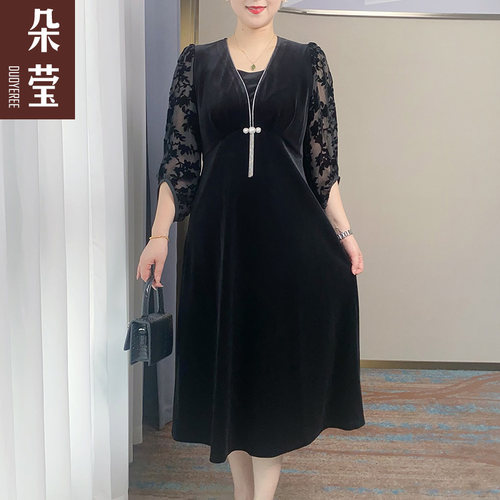 妈妈春秋装新款气质金丝绒连衣裙
