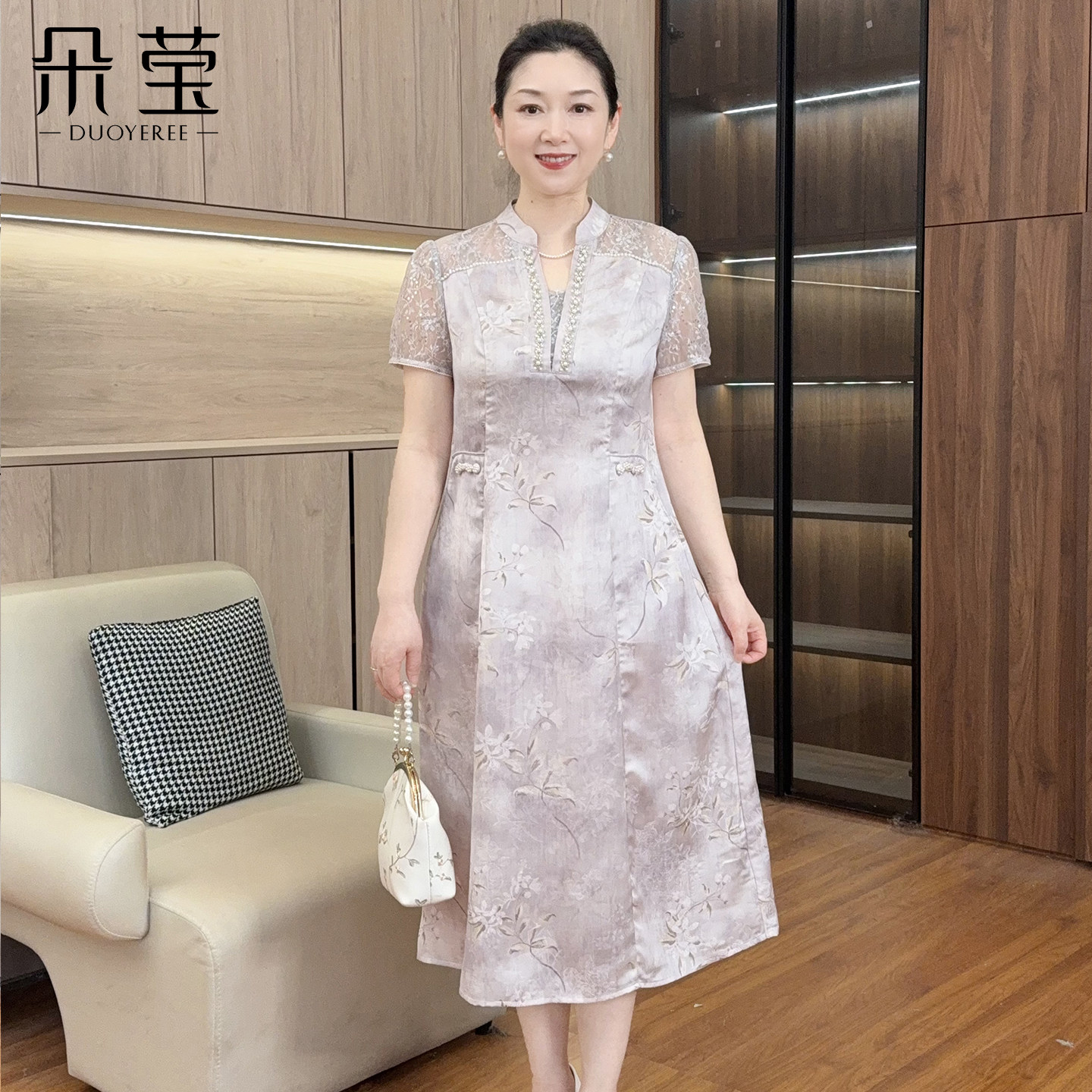 朵莹新款妈妈夏装洋气短袖连衣裙中年女装中老年高端轻奢洋气裙子