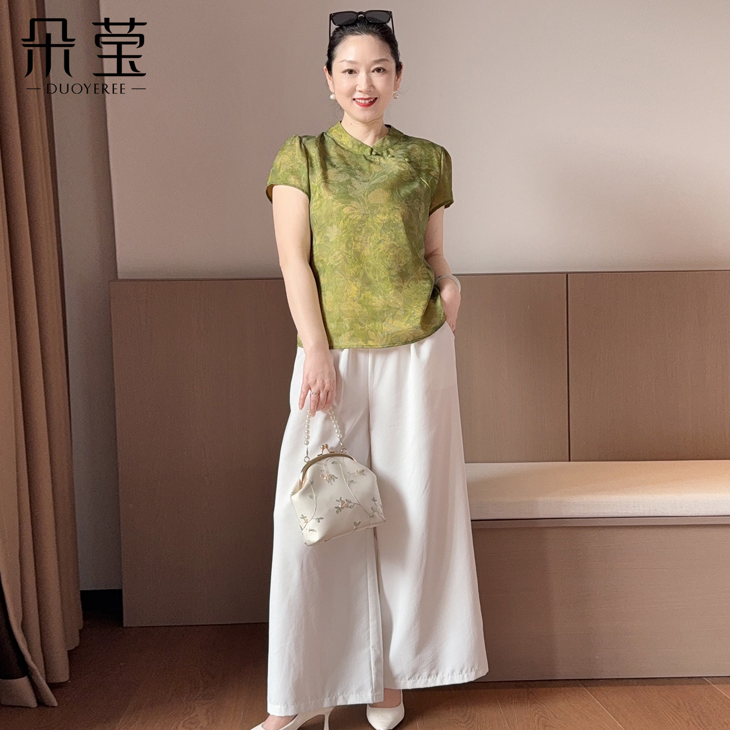 朵莹妈妈夏装短袖套装中年夏季端庄大气小衫中老年女装洋气两件套