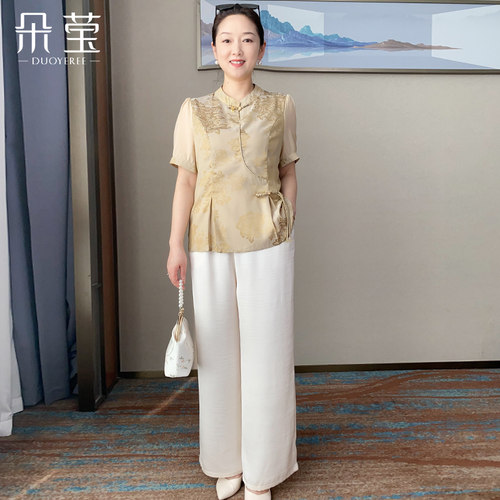中年妈妈夏装新中式T恤小衫套装