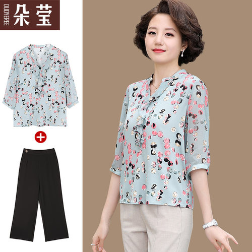 中年妈妈夏装洋气短袖上衣衬衫