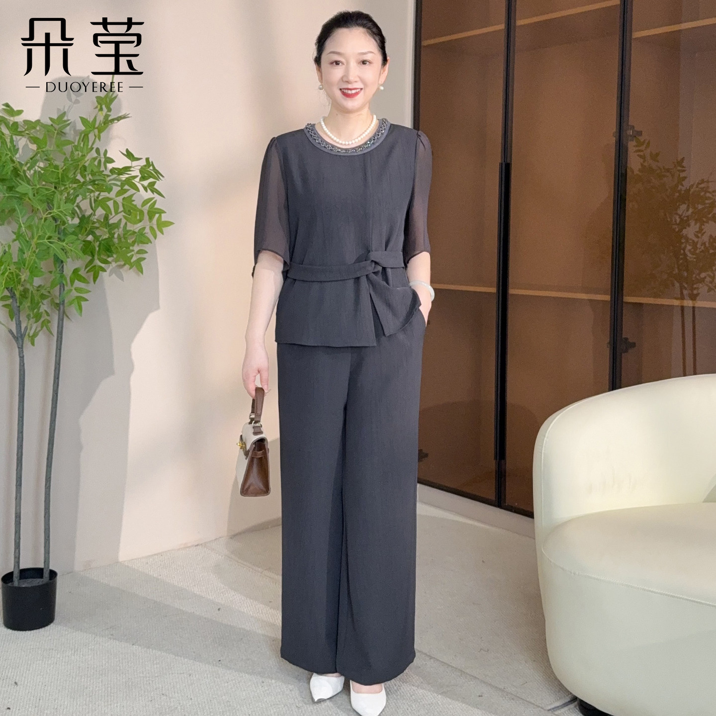 朵莹新款妈妈夏装端庄大气套装中老年女装纱袖小衫上衣母亲节礼物