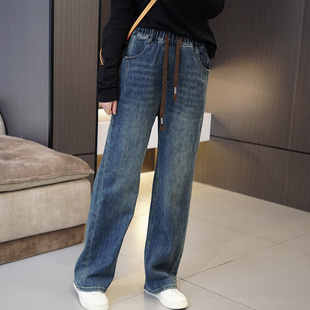 200斤胖mm百搭弹力显瘦牛仔裤 秋季 直筒拖地裤 松紧腰抽绳大码 新款