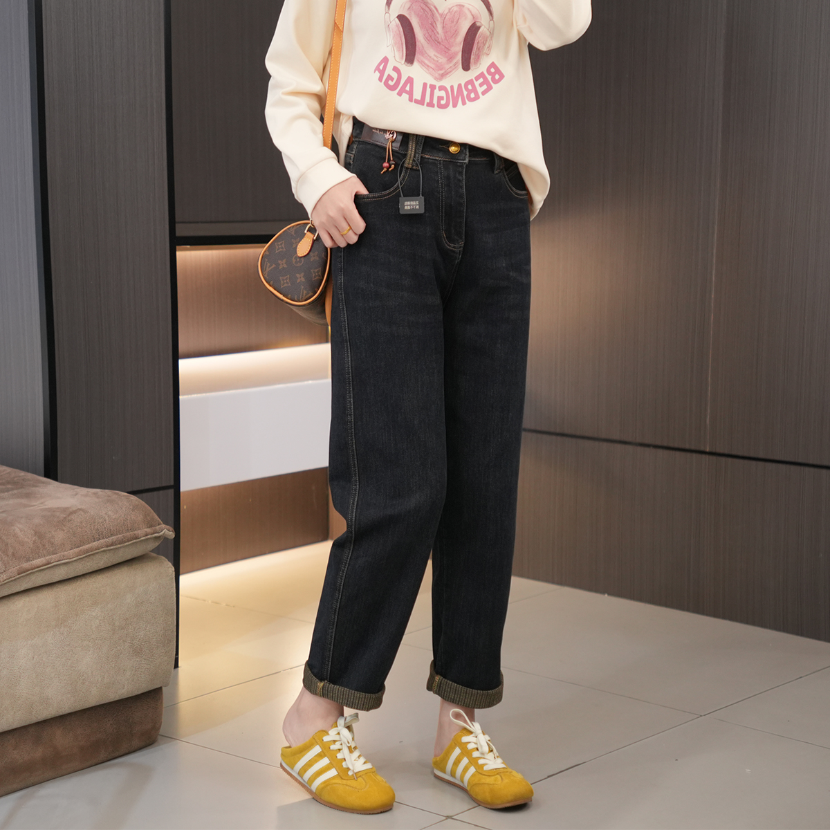 闭眼入高腰吊坠装饰显瘦老爹裤