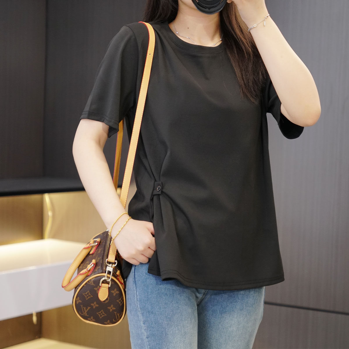 夏季大码圆领时尚百搭弹力收腰扣T恤200斤胖mm正肩宽松开叉女半袖,女装/女士精品,大码内搭,淘宝优惠券,粉丝福利购,淘宝优惠卷