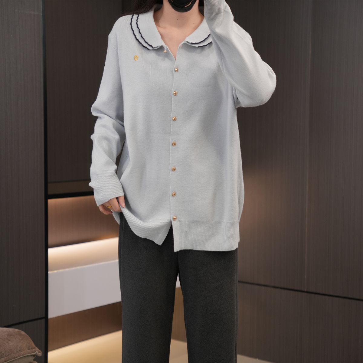 闭眼入设计感撞色双领针织开衫