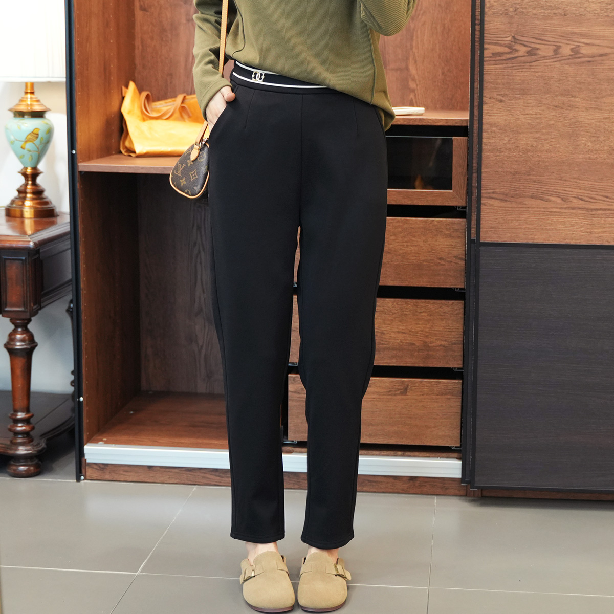 2023冬加绒黑高腰通勤西装哈伦裤