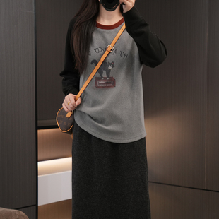 200斤胖mm时尚 冬季 打底衫 设计感插肩袖 猫咪印花上衣 保暖德绒大码