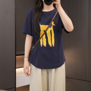 高弹力小众抽象狗狗印花大码短袖夏季200斤胖妹妹时尚百搭显瘦T恤