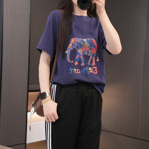 必入高弹力小众印花大码短袖T恤