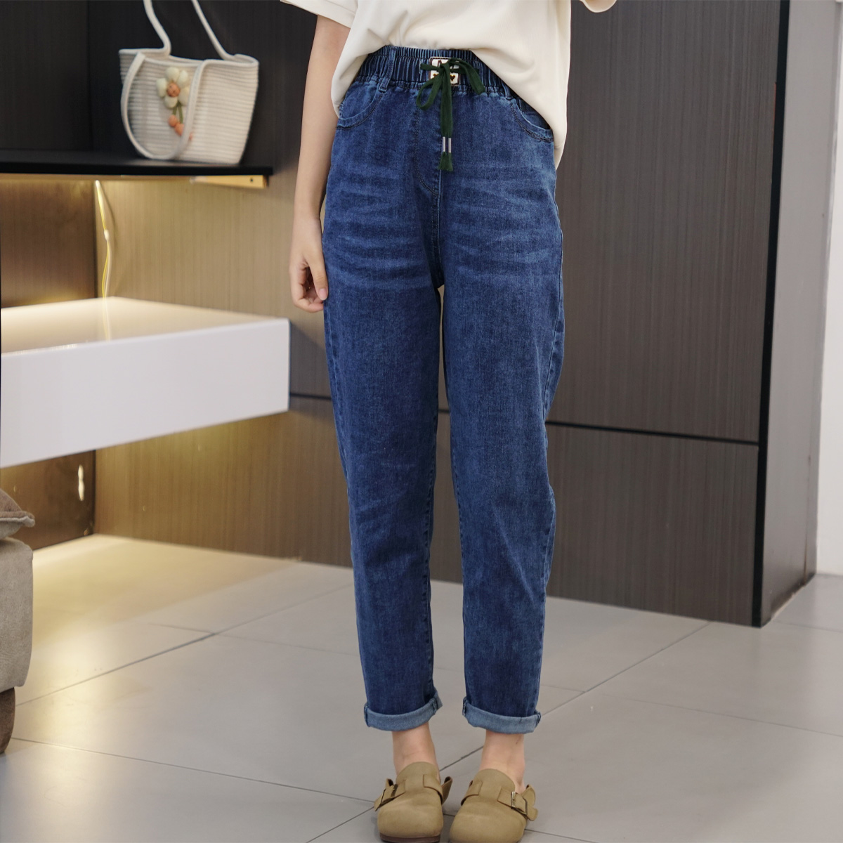 闭眼入松紧腰抽绳巨显瘦哈伦裤