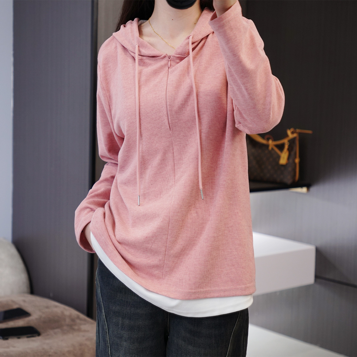 秋季必入叠穿假两件半拉链打底衫