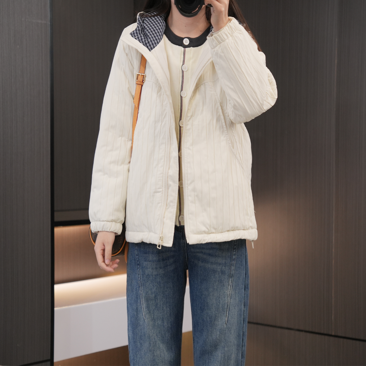 闭眼入时尚连帽格子大码棉服外套