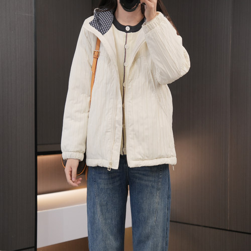 闭眼入时尚连帽格子大码棉服外套