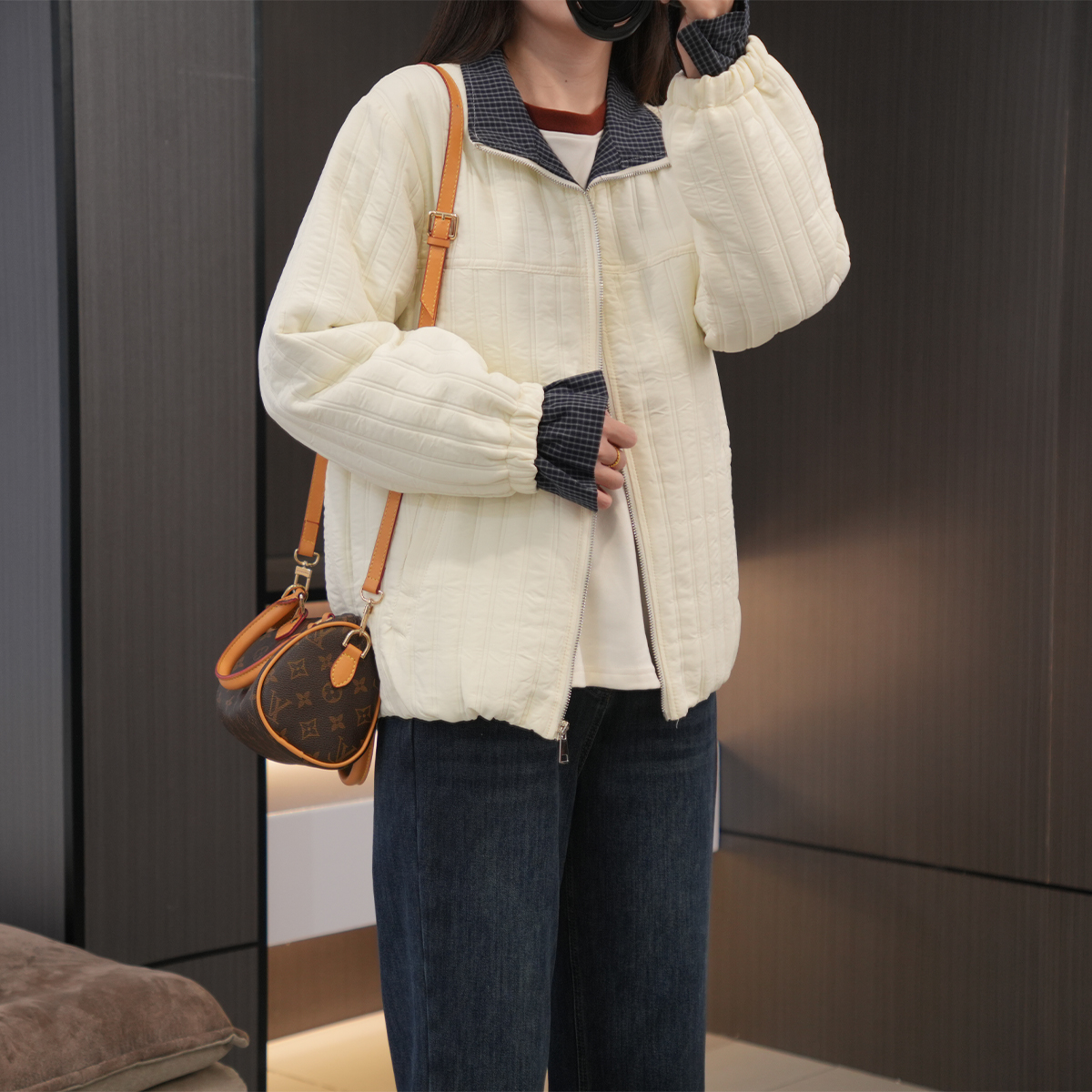 闭眼入时尚拼接格子袖假两件棉服