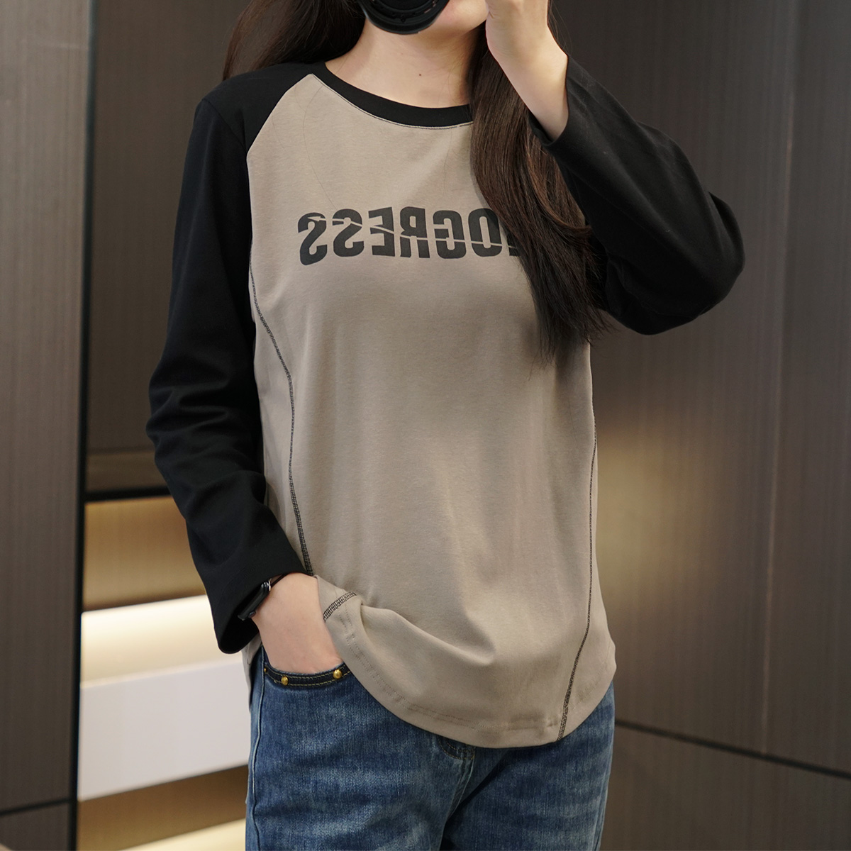 必入高弹力显瘦撞色插肩长袖T恤