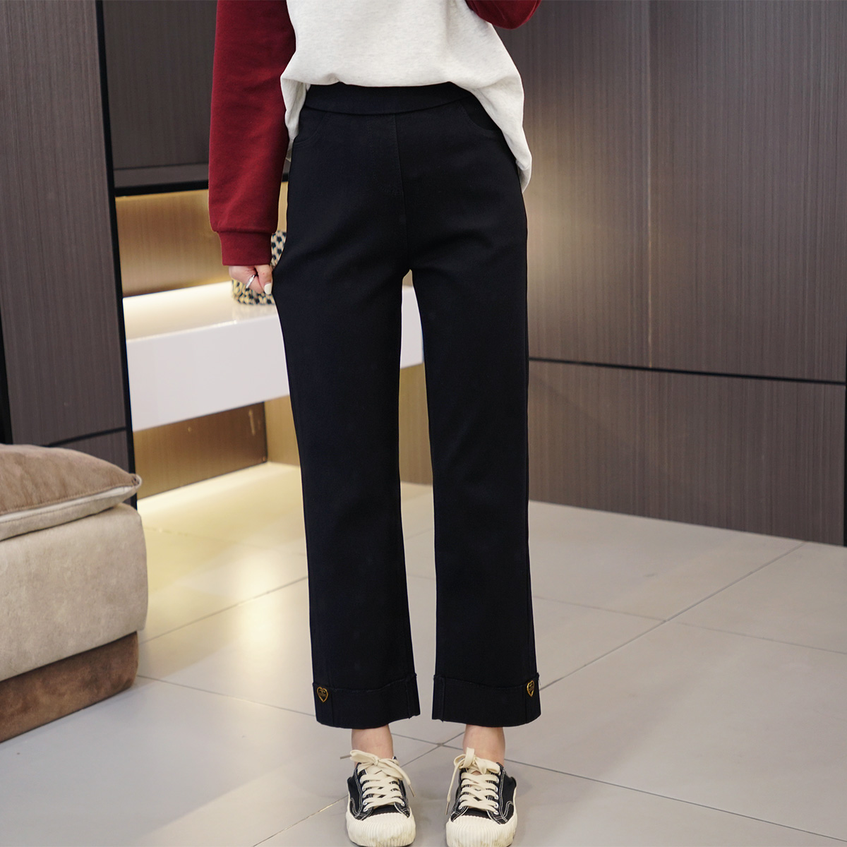 闭眼入裤口翻边九分烟管裤巨显瘦