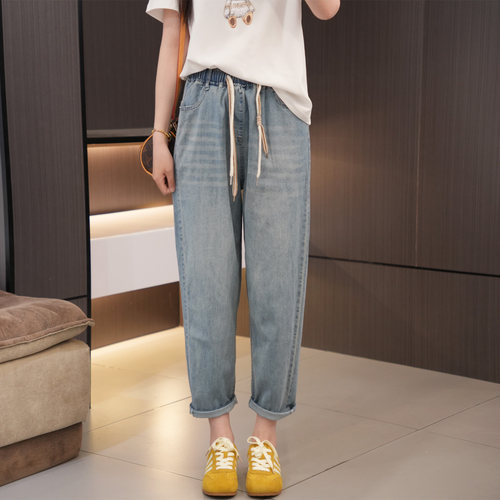 夏季必入薄款加肥高腰抽绳牛仔裤