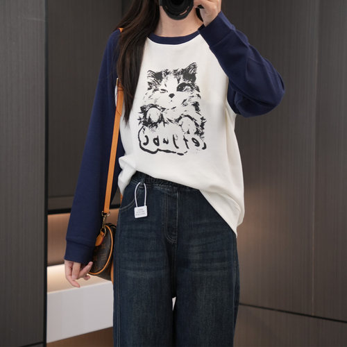 秋季必入时尚拼色萌猫圆领卫衣